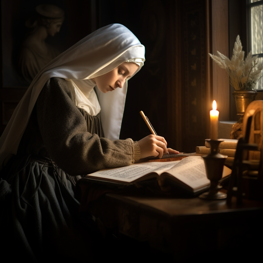 St. Catherine of Siena writing a letter to the pope at her desk
