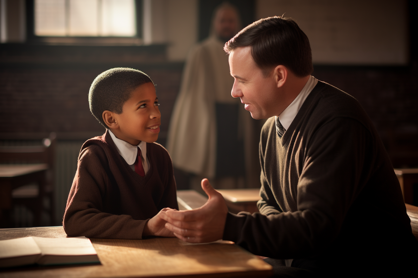 St. John Neumann teaching an eager you boy, while his deacon impatiently waits for him to prepare for mass