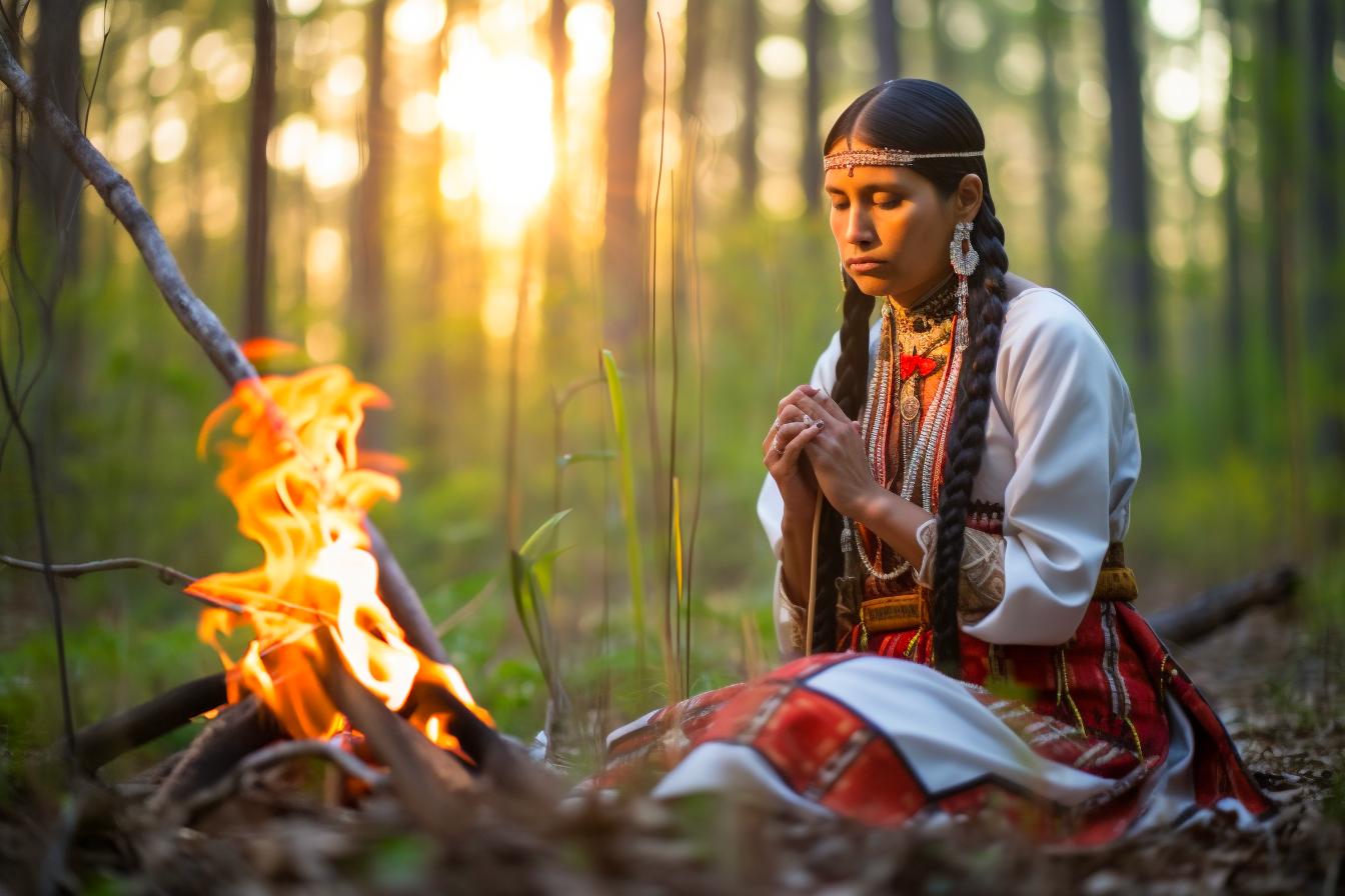 St Kateri Tekakwitha praying in a forest. a campfire sits in front of her as the sun rises behind her.