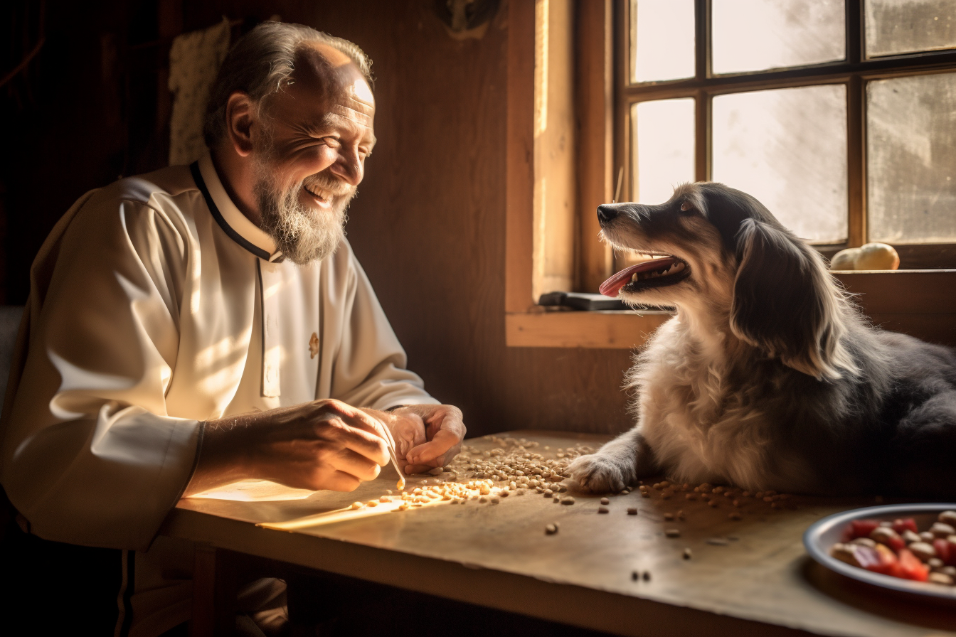 St. Peter Chrysologus eating dinner with his pet dog