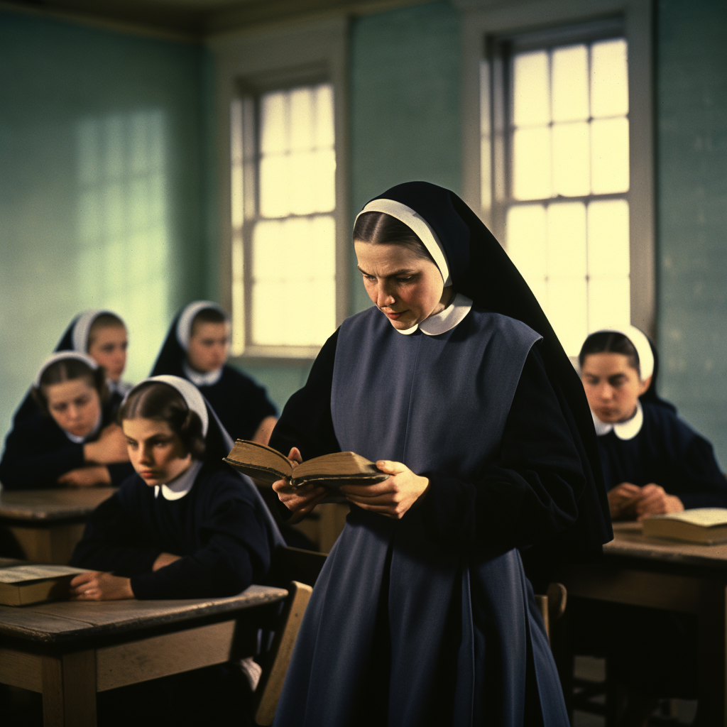 St. Marguerite Bougeoys teaching in her newly establish school to a group of young nuns
