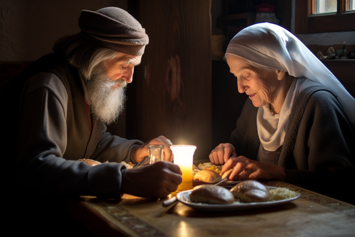 Sts. Joachim and Anne eating a meal by candlelight